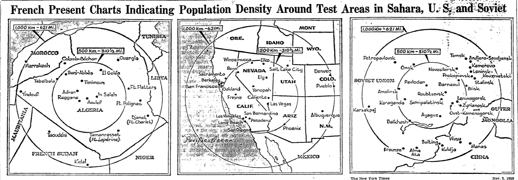 Figure 1: maps shown during Moch’s speech, reprinted in the New York Times. ‘Excerpts From Speeches By Delegates on French and Sahara Tests,’ The New York Times.